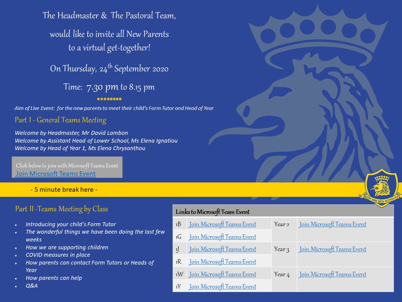 The English School: New Parents' (Year 1, 2, 3 and 4) virtual get-together!